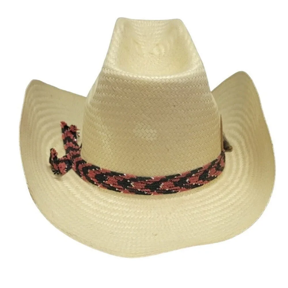 Vintage Womens Stiff Straw Cowboy Cow Girl Western Hat W Red Black Woven Band - Picture 2 of 4
